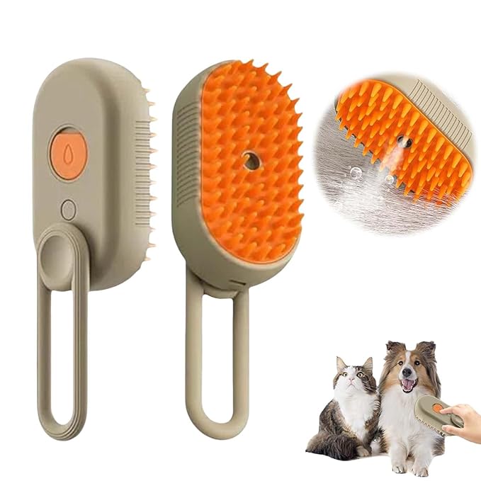 3-In-1 Rechargeable Steamy Cat Brush, Deep Cleaning &amp; Hair Removal System with Rotating Handle, 360° Massage for Cats &amp; Dogs (Cream)