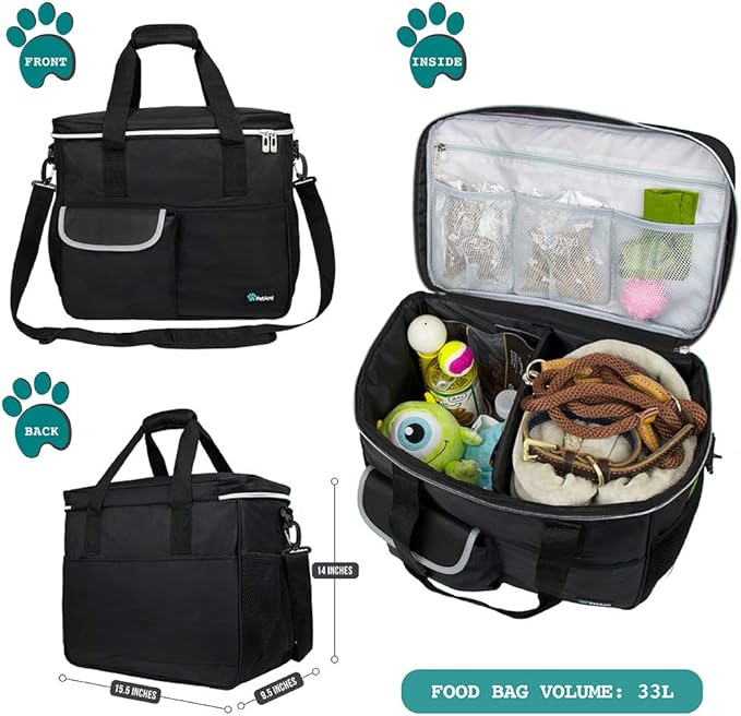 PetAmi Dog Travel Bag - Organizer with Food Container, Bowls &amp; Accessories for Weekend Camping, Cat Diaper Bag (Black, Large)