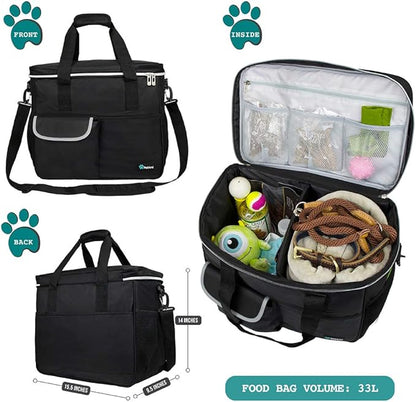PetAmi Dog Travel Bag - Organizer with Food Container, Bowls &amp; Accessories for Weekend Camping, Cat Diaper Bag (Black, Large)