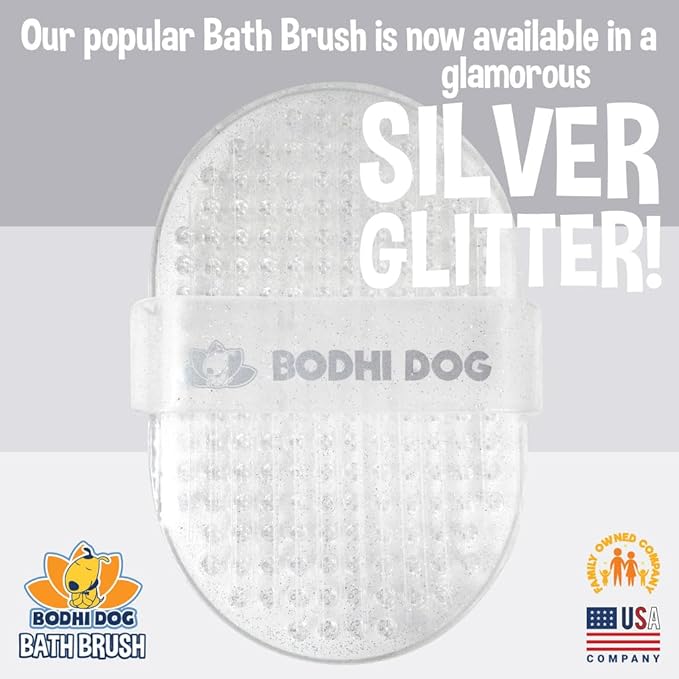 Bodhi Dog Shampoo Brush - Pet Grooming &amp; Bath Supplies for Dogs and Cats - Bath Brush for Long &amp; Short Hair - Premium Scrubber for Shower, Bathing &amp; Massage (One Pack, Silver Glitter)