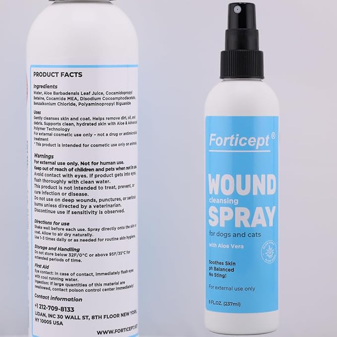 Forticept Hot Spot Spray for Dogs Cats &amp; Horses, Itch Relief Wound Cleanser with Aloe Vera, 8 oz