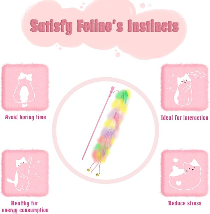 2 Pack Cat Wand Toy, Rainbow Cat Feather Toys with Bells, Teaser Wand with Soft Furry Tail, Interactive Toys for Indoor Cats &amp; Kitten &amp; Kitty