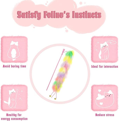 2 Pack Cat Wand Toy, Rainbow Cat Feather Toys with Bells, Teaser Wand with Soft Furry Tail, Interactive Toys for Indoor Cats &amp; Kitten &amp; Kitty