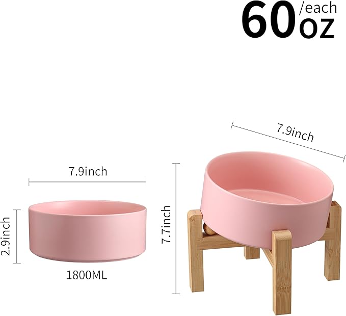 Pink Elevated/Raised 15°Tilted Anti Slip Ceramic Dog Bowl for Medium &amp; Large Breeds,Slanted Bulldog Big Face Pet Food Water Feeding Dish with Stand (7.6 Cups/60OZ)