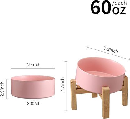 Pink Elevated/Raised 15°Tilted Anti Slip Ceramic Dog Bowl for Medium &amp; Large Breeds,Slanted Bulldog Big Face Pet Food Water Feeding Dish with Stand (7.6 Cups/60OZ)
