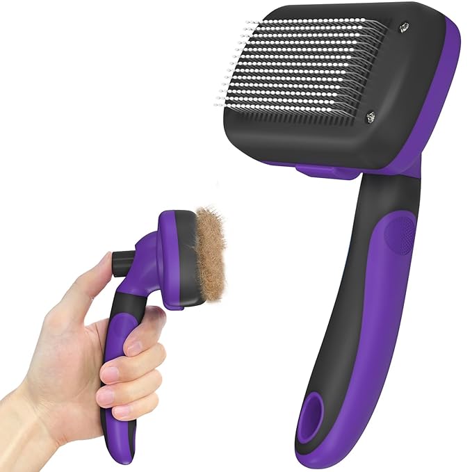 Self Cleaning Cat &amp; Dog Grooming Brush - Skin Friendly Deshedding Hair Brush for Haired Dogs &amp; Puppies, Purple