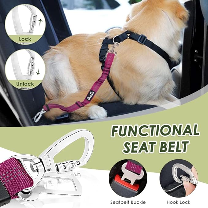 Lukovee Dog Seat Belt for Car, Adjustable Dog Car Harness for Large Medium Small Dogs, Soft Padded &amp; Breathable Mesh Dog Seatbelt with Car Strap and Carabiner(Rose Double Clip,X-Small)