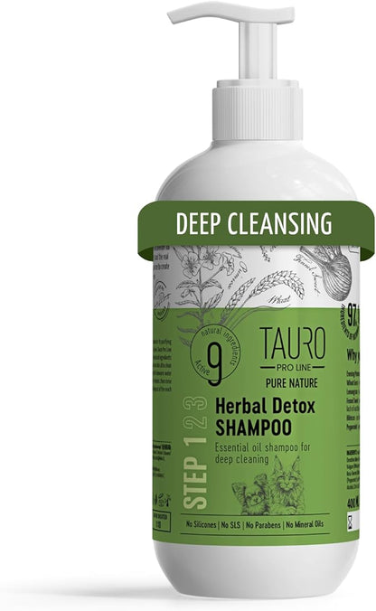 Tauro Pro Line Deep Cleansing Natural Dog Shampoo for Smelly Dogs, Wash for Dandruff and Dry Itchy Sensitive Skin, Cat &amp; Puppy Shampoo (Herbal Detox -13.5 Fl Oz)