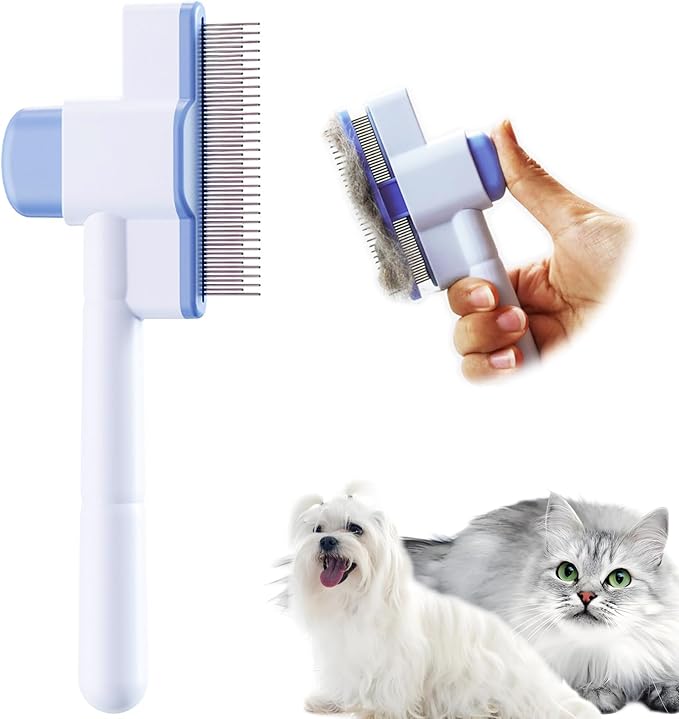Cat Comb Pet Comb Self Cleaning Upgraded Cat Brush for Long Haired Cats &amp; Dogs, Blue