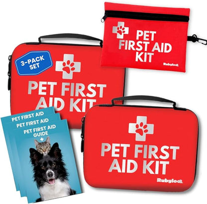 Dog First Aid Kit 3-Pack – 2 Hard-Sided &amp; 1 Compact Travel Pet First Aid Kits – Vet-Approved Emergency Supplies with First Aid Guide, Tick Remover, Thermal Blanket for Hiking, Camping, Car, RV