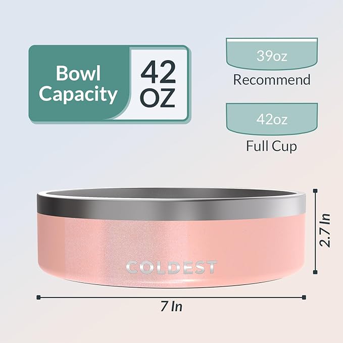 Coldest Dog Bowl - Anti Rust Metal, Non Slip, 3 Layers Insulated Stainless Steel Dog Bowls - Spill Proof &amp; Heavy Duty - Water Bowl for Dogs, Cats &amp; Pets, Dish Washer Safe (42 oz, Forever Pink Glitter)