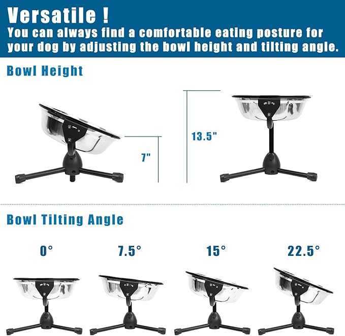 Elevated Dog Bowl with Adjustable Metal Stand, Medium Size for Dogs 30-70 lbs, 0.5 Gal 2 Liter, Stainless Steel Food &amp; Water Bowl Set