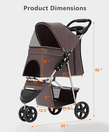Pet Stroller with 3 Wheels for Small/Medium Pets, Portable Travel Foldable Carrier Jogger for Dog Cat Puppy Kitty, Rear Wheel Breaks, Storage Basket, Visible Mesh with Weather Cover (Coffee)