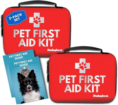 Dog First Aid Kit 2-Pack – Vet-Approved Pet First Aid Supplies for Dogs &amp; Cats in Emergencies – Pet First Aid Guide, Tick Remover, Slip Leash &amp; Medical Essentials for Home, Camping, Car, Travel