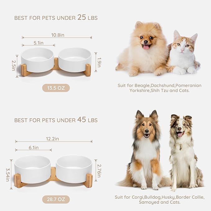 SPUNKYJUNKY Ceramic Dog and Cat Bowl with Wood Stand Non-Slip Matte Glaze Weighted Food Water Set for Cats &amp;Small Dogs 13.5 OZ