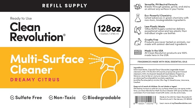 Clean Revolution Multi Surface Cleaner Refill Supply, Non-Toxic, Eco-Friendly &amp; Plant-Based, Ready to Use, Dreamy Citrus, 128 Fl Oz (1 Gallon)