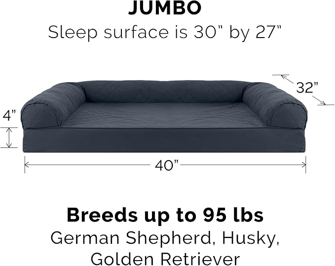 Furhaven Orthopedic Dog Bed for Large Dogs w/ Removable Bolsters &amp; Washable Cover, For Dogs Up to 95 lbs - Quilted Sofa - Iron Gray, Jumbo/XL