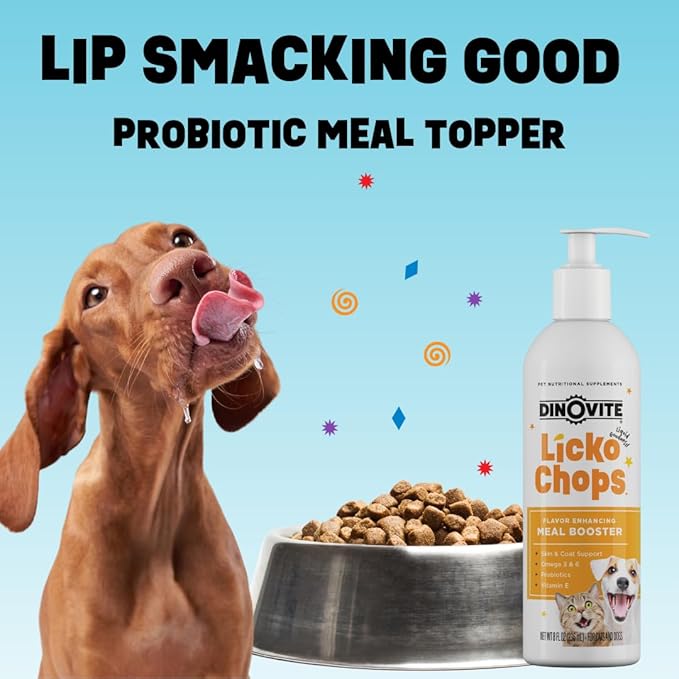 Dinovite Lickochops for Dog &amp; Cat Supplement Enhanced with Omega-6, 3 Fatty Acids, Probiotics and Vitamin E, 16 oz with Pump