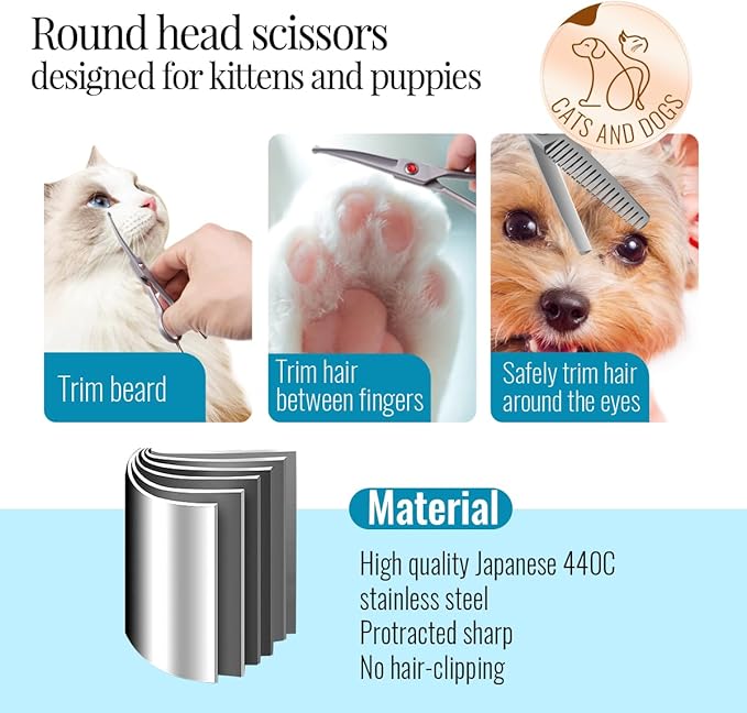 4.5" Dog Grooming Scissors - 2pcs Curved Scissors &amp; Thinning Shears for Small Dog, Cat Face &amp; Paws - Japan 440C (2Kit)