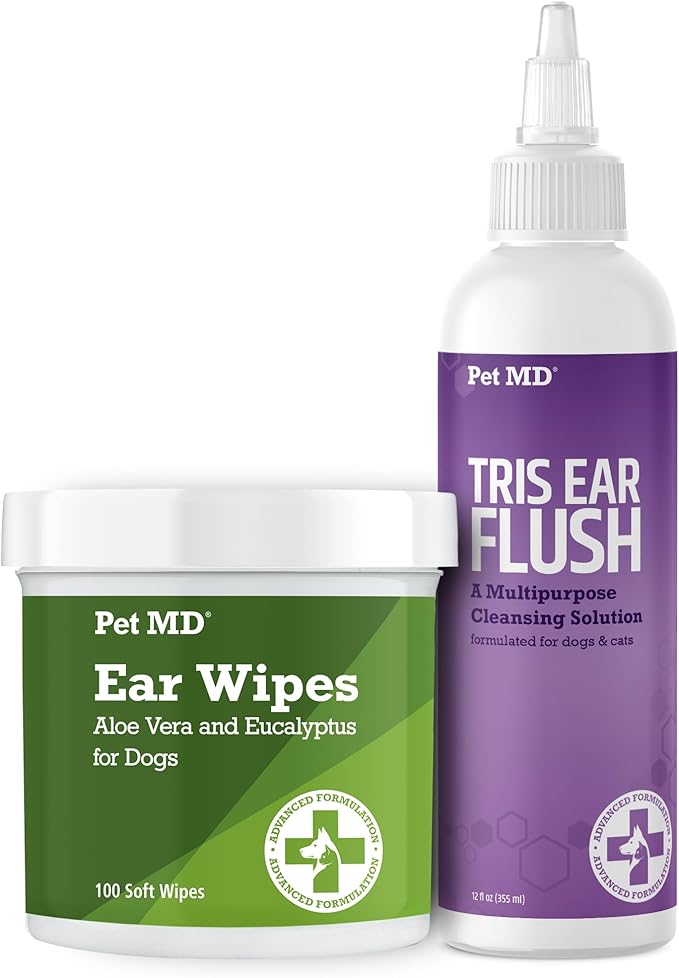 Pet MD Dog Ear Cleaning Wipes with Aloe and Eucalyptus + Veterinary Tris Flush Cat &amp; Dog Ear Cleaner