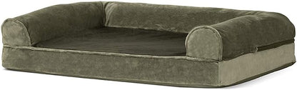 FurHaven Soft, Orthopedic Foam Sofa Dog Bed with Washable &amp; Removable Cover - Faux Fur/Velvet - Dark Sage, Dogs Up to 35 lbs - Medium