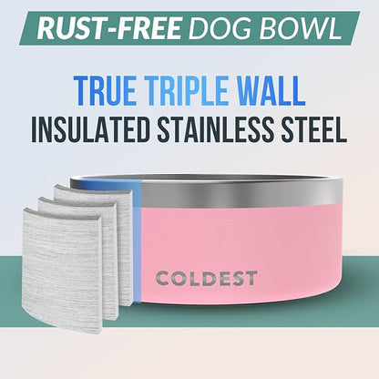 Coldest Dog Bowl - Anti Rust Metal, Non Slip, 3 Layers Insulated Stainless Steel Dog Bowls - Spill Proof &amp; Heavy Duty - Water Bowl for Dogs, Cats &amp; Pets, Dish Washer Safe (100 oz, Cotton Candy Pink)