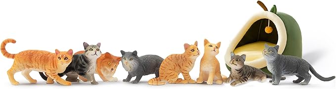 Toymany 8PCS Grey &amp; Orange Cat Figurines Set, Realistic Cat Figures Kitten Toys, Cat Cake Toppers Easter Eggs Birthday Gift for Kids Children