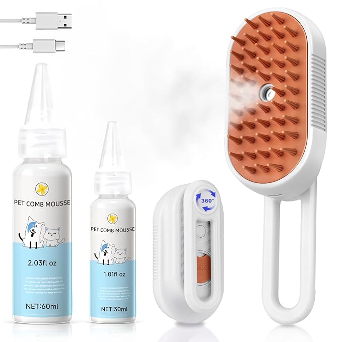 Steam Brush for Cat &amp; Dog – 3-in-1 Spritz Pet Spray Hair Removal Comb for Grooming &amp; Shedding Steam – Water Brush for Long &amp; Short Haired Pets– Includes Two Bottles Waterless Shampoo