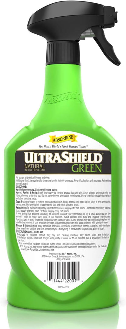 Absorbine UltraShield Green All-Natural Fly &amp; Insect Repellent for Horses &amp; Dogs, Essential Oils Repel &amp; Control, 32oz Spray Bottle