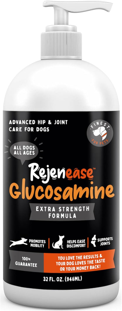 Rejenease Liquid Glucosamine for Dogs with Chondroitin, MSM &amp; Hyaluronic Acid – Finest For Pets Hip &amp; Joint Supplement for Dog Joint Support, Mobility, Stiffness &amp; Pain Relief (32 oz, Made in USA)