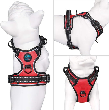 PHOEPET No Pull Dog Harnesses for Small Dogs Reflective Adjustable Front Clip Vest with Handle 2 Metal Rings 2 Buckles [Easy to Put on &amp; Take Off](S, Red)