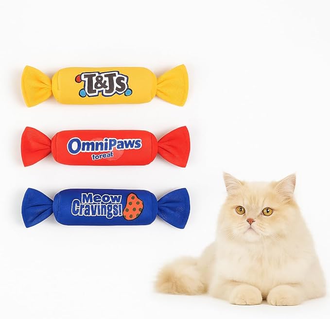 Catnip Candy Toys for Indoor Cats – 3-Pack Crinkle Cat Toys with Catnip Pouches, Durable Canvas &amp; Soft Filling, Cat Chew Toys for Kittens &amp; Adults (Mix Color)