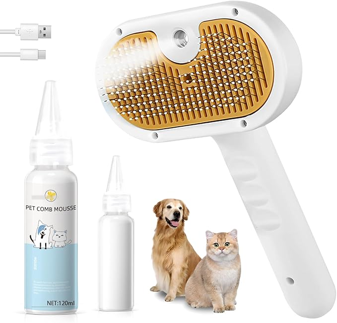 Pet Steam Brush for Dog &amp; Cat – 3-in-1 Spray Hair Removal Comb – Steam for Shedding &amp; Grooming – Water Brush for Long &amp; Short Haired Pets – Spritz Defur Comb – Includes Waterless Shampoo