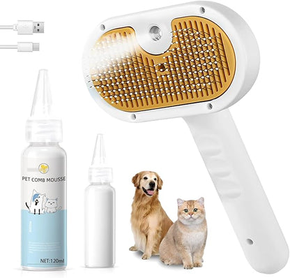 Pet Steam Brush for Dog &amp; Cat – 3-in-1 Spray Hair Removal Comb – Steam for Shedding &amp; Grooming – Water Brush for Long &amp; Short Haired Pets – Spritz Defur Comb – Includes Waterless Shampoo