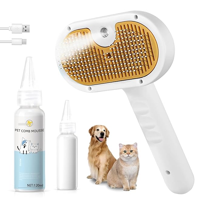 Pet Steam Brush for Dog &amp; Cat – 3-in-1 Spray Hair Removal Comb – Steam for Shedding &amp; Grooming – Water Brush for Long &amp; Short Haired Pets – Spritz Defur Comb – Includes Waterless Shampoo