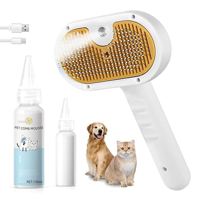 Pet Steam Brush for Dog &amp; Cat – 3-in-1 Spray Hair Removal Comb – Steam for Shedding &amp; Grooming – Water Brush for Long &amp; Short Haired Pets – Spritz Defur Comb – Includes Waterless Shampoo