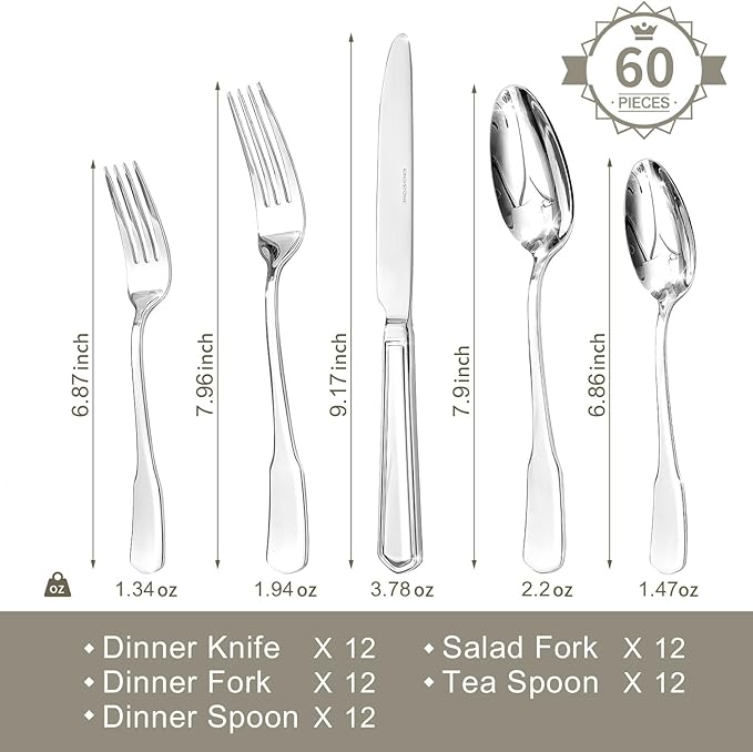 HIKAA Premium Silverware Set, Stainless Steel Flatware Set with Wide-Based Handles for Comfort &amp; Durability, Forks &amp; Spoons Cutlery Silverware Set (60PCS)