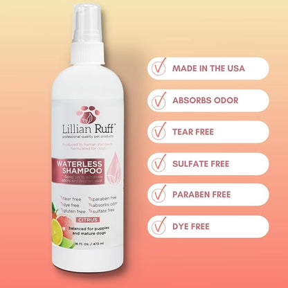 Lillian Ruff Starter Pack Gift Set for Dogs | Oatmeal Shampoo, Oatmeal Conditioner, Waterless Shampoo Citrus, Ear Cleaner &amp; Otic Wax Solvent, Breath Spray, Leash Clip Waste Bag Dispenser with 15 Bags