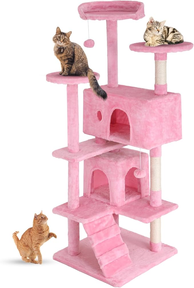 FDW Cat Tree 54in Cat Tower Multi-Level Durable Cat Scratching Post &amp; Cozy Fun Cat Jumping Platform Space Saving Cat Condo Pet Play House for Indoor Cats,Pink