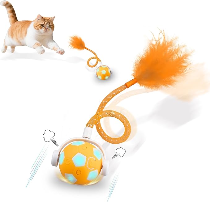 Cat Toy Ball,Interactive Cat Toy Ball with 3 Modes for Indoor Cat,The 2025 Generation Self Moving Cats Toy,Rolling Cats Toy with Feather &amp; Bells for Bored Cats &amp; Small dogs,Touch to Activate (Orange)