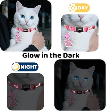 Personalized Breakaway Cat Collars Glow-in-The-Dark with ID Tag, Bell - Safety Quick - Release, Customizable for Female Male Kittens &amp; Cats (Pink)