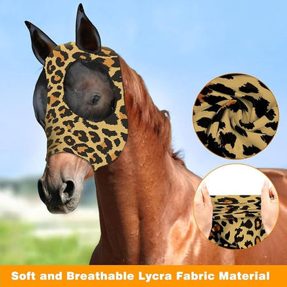 Horse Fly Mask with Ears - Comfort Fit, Durable &amp; Breathable, Easy to on/Off | UV Protection, Large Eye Space, Stretchy Leopard Print (2pcs Large, Tangle-Free)