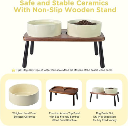 SPUNKYJUNKY Ceramic Elevated Dog Bowls Raised with Acacia Bamboo Wooden Stand, 8.3&