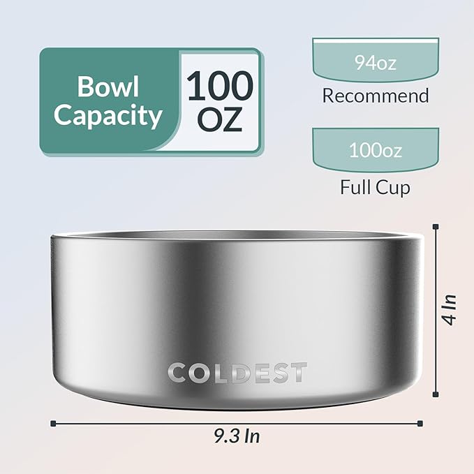 Coldest Dog Bowl - Anti Rust Metal, Non Slip, 3 Layers Insulated Stainless Steel Dog Bowls - Spill Proof &amp; Heavy Duty - Water Bowl for Dogs, Cats, Dish Washer Safe (100 oz,Polished Stainless Steel)