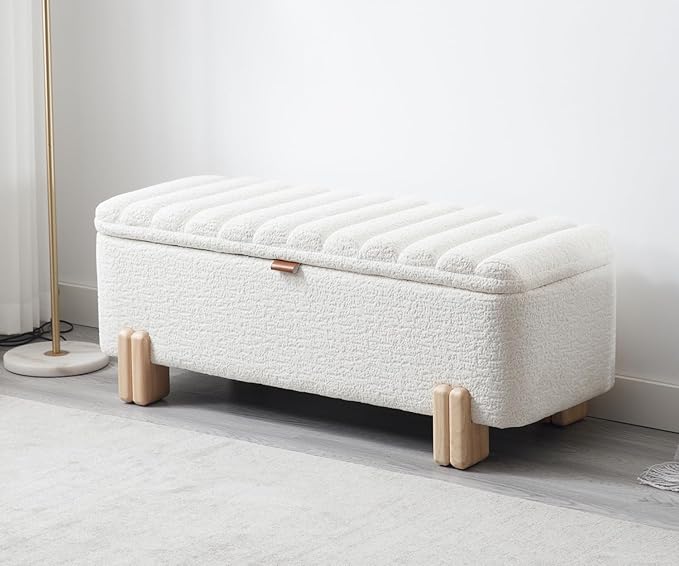 Kmax 45" Storage Bench Faux Fur Entryway Bench Upholstered Ottoman Bench with Wavy Top &amp; Safty Hinge for Bedroom Living Room Hallway, White