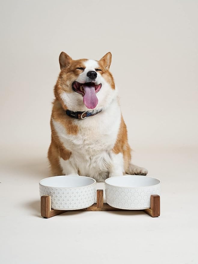 LE TAUCI Ceramic Dog Bowls with Acacia Wood Stand - 7 Inch Food &amp; Water Set for Medium-Large Dogs - Weighted Pet Bowls