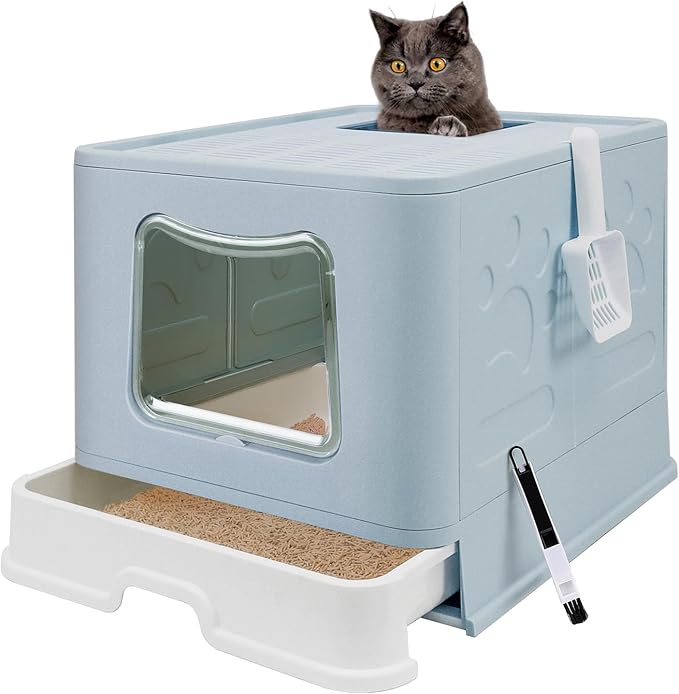 XL Foldable Cat Litter Box with Lid - Jumbo Enclosed Potty - Top Entry Anti-Splashing Toilet - Includes Scoop &amp; 2-in-1 Cleaning Brush (Blue