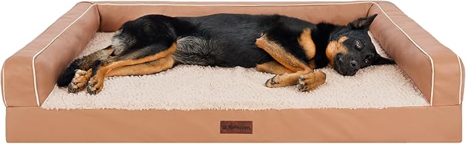 FurHaven Orthopedic Dog Sofa Bed – Memory Foam Couch with Bolsters, Textured Plush &amp; Water-Resistant Cover, Washable Cover, Joint Support - Camel, Jumbo Plus