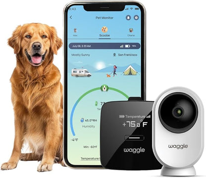 Waggle RV/Dog Temperature Monitor (GPS) &amp; Pet Camera Bundle for RVs - Portable WiFi Cam (128GB) with Motion Alert &amp; Remote Access | Watch Pets While Travelling