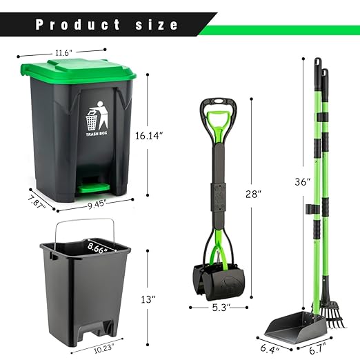 MXF Pooper Scooper Set - 28" Dog Pooper Scooper &amp; Long Handle Stainless Metal Tray&amp;Rake, 15 Litre Step Dog Poop Trash Can w/Removable Inner Bucket, 20 Waste Bags for Outdoors